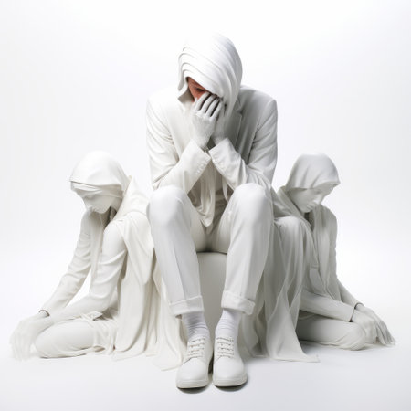 a person wearing white sits in a hauntingly figurative, hip-hop style setting. the white backdrop enhances the presence of the life-size figures, reminiscent of the group zero movement. the person is slumped and draped, adding to the visual kei aesthetic. the highly detailed figures create a captivating atmosphere. ai generatedの素材