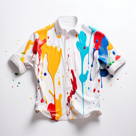 a graphic and colorful paisley splash of paint adorns a white shirt, reminiscent of conceptual installation art. this hyper-realistic pop design features fragmented advertising elements, with dripping paint adding a dynamic touch. the uniformly staged images showcase the aurorapunk aesthetic, characterized by bold color blobs that create a visually striking composition. ai generatedの素材
