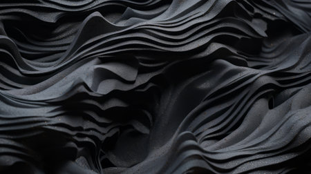 a black wavy surface with black and white speckles, resembling a sculptural landscape, rendered in the style of peter gric using cinema4d. this unique artwork showcases fluid washes of color and intricate detailing, with the surface made of rubber. the technique of focus stacking enhances the depth and texture of the detailed drapery. ai generatedの素材