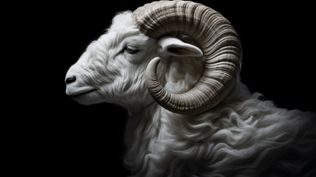 a hyper-realistic animal sculpture of a ram's head with large horns is showcased in this photo. the sculpture is captured under a black background, using the artistic style of lensbaby composer pro ii with edge 50 optic. the composition draws inspiration from artists such as caras ionut, robert bissell, and salvator rosa. the sculpture's intricate details and layered fibers create a visually striking and lifelikeの素材