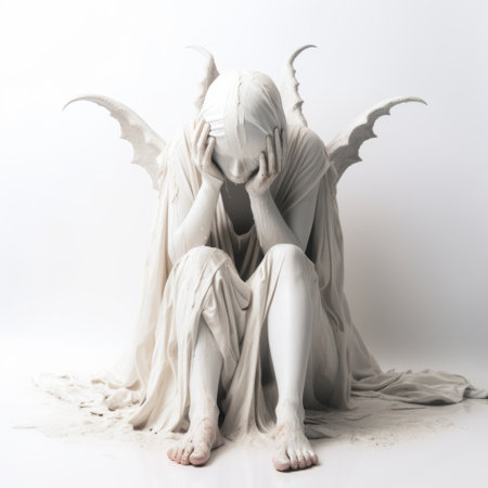 a white sculpture with wings covering one of its arms, resembling nightmarish illustrations and conceptual portraiture. the haunting shadows create an eerie atmosphere, reminiscent of epic fantasy scenes. the crumpled and hyperrealistic illustrations bring out the isolated figure's enigmatic presence. ai generatedの素材
