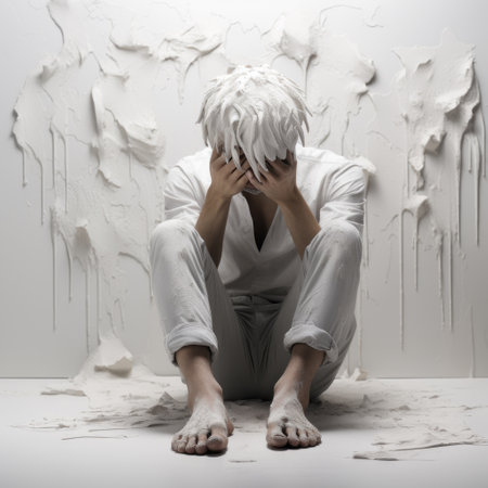 a boy covered in white paint sits on a bench, embodying trapped emotions. the artistic style showcases multi-layered figures and integrates the human-canvas connection. the use of plaster creates a crumpled, organized chaos effect. this thought-provoking image serves as a critique of consumer culture. ai generatedの素材