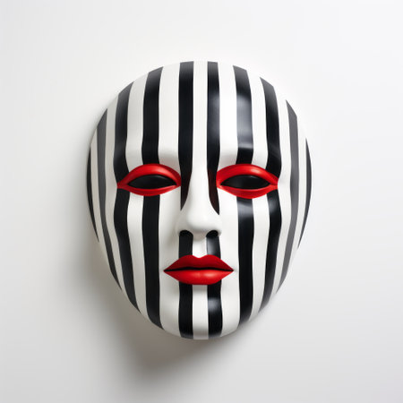 a mask with red lips striped in black and white is showcased in this photo. the mask has a unique style resembling a wall sculpture and installation. it creates electric optical illusions against a white background. the mask's design is influenced by manapunk aesthetics and features toy-like proportions. the theatrical gestures and bold coloration add to its captivating appeal. ai generatedの素材