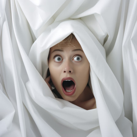 a young girl is seen hiding in a sheet, capturing the essence of animated exuberance and psychological terror. the image reflects the concept of "mommys on-the-phonecore" and draws inspiration from the styles of seth macfarlane and jason middlebrook. the theatrical exuberance is evident, as the girl's trapped emotions are vividly depicted. ai generatedの素材