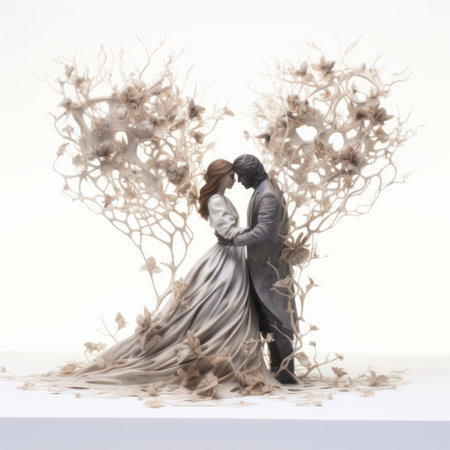 a darkly romantic art piece made out of flowers and leaves, resembling whimsical figurines in a maquette style. the artwork features intertwined networks of light gray and light bronze colors, creating a mesmerizing effect. this airbrush art evokes a sense of love and romance, reminiscent of enchanting and intricate illustrations. ai generatedの素材