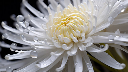 white chrysanthemum flowers, resembling water drops, stand out against a black background in this captivating photo. taken with a nikon d750 and zeiss batis 18mm f2.8 lens, the image showcases the soft atmospheric perspective. inspired by the works of thomas heatherwick and kirsty mitchell, this uhd photo captures the delicate beauty of the flowers. ai generatedの素材