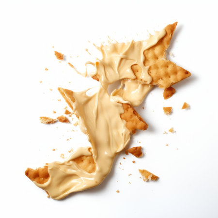 peanut butter cracked cookie on a white field, resembling nyc explosion coverage with poured paint. this high-quality, escher-inspired stock photo showcases a futuristic fragmentation effect. the beige color palette and grid-based composition add a visually captivating element to the image. ai generatedの素材