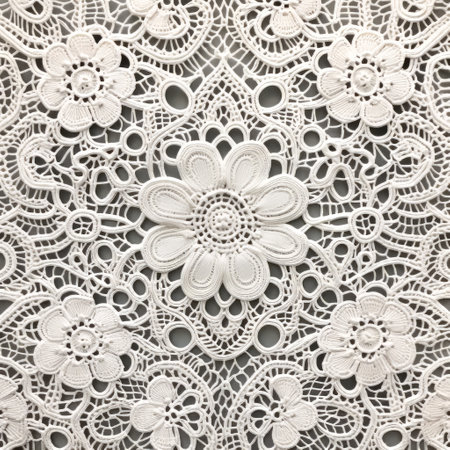 an intricate lace pattern in white with white flowers, reminiscent of psychedelic tableaux, is captured in this close-up shot. the luxurious wall hanging, created by the talented artist rinat voligamsi, showcases a refined technique. against a white background, this piece, expertly photographed by peter mitchev, exudes elegance and beauty. ai generatedの素材