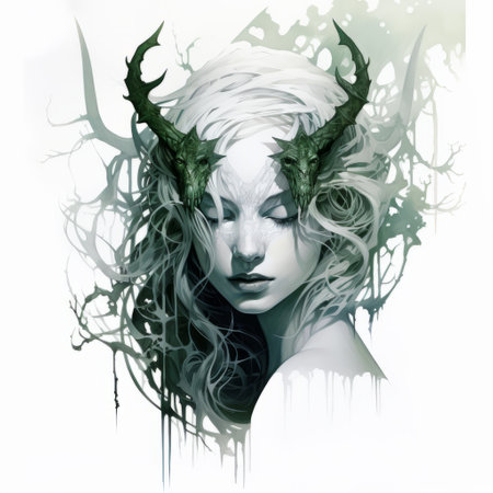 a woman with horns on her head is portrayed in this fantasy illustrated portrait. the artwork is done in a style that combines dark white and light emerald colors, creating a captivating contrast. the airbrush technique adds depth to the layered imagery, while the chilling creatures made of vines add a touch of subtle irony. the overall effect is a mesmerizing and intriguing piece ofの素材