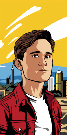 a whimsical pop art-style illustration by a person featuring a man with pop art-inspired portraits and a vibrant skyline. the artwork showcases youthful protagonists in rtx, crimson, and amber colors, reminiscent of kodak ultramax film. ai generatedの素材