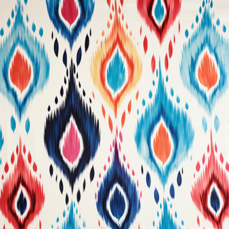 the juliette tikki fabric showcases a vibrant blend of blue, red, and orange hues, resembling bold brush strokes. its design features arabesque patterns against light white and dark aquamarine backgrounds. the attention to detail is evident in the textured fur and feathers, while the shaped canvas and flowing lines add a decorative touch. ai generatedの素材