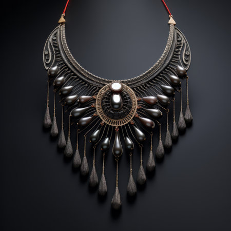 a black necklace adorned with black beads and complemented by black pearl earrings. this exquisite piece, rendered in maya, showcases elaborate details and symbolic objects. the combination of light crimson and light bronze adds a touch of elegance. the heavy metal embroidery draws inspiration from maori art and traditional chinese designs. ai generatedの素材