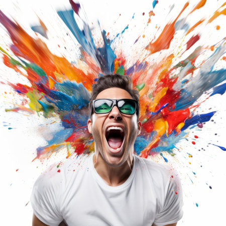 a young man in glasses celebrates in the air, covered in colorful paints. the photo showcases distorted realities, explosive pigmentation, and exaggerated expressions. it combines realistic and fantastical elements, exuding a vibrant futurism. the expressionist emotiveness and lively facial expressions add to the dynamic energy of the image. ai generatedの素材