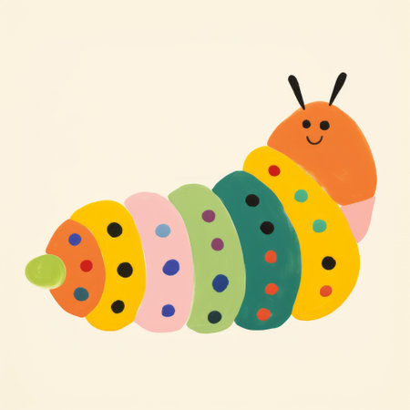 a peach caterpillar print featuring toy-like proportions and simple, colorful illustrations. this artwork showcases the influence of 20th-century scandinavian style with its harmonious color schemes. the tondo format adds a unique touch to this piece, reminiscent of colorful woodcarvings. captured using kodak portra, this print is a vibrant addition to any art collection. ai generatedの素材