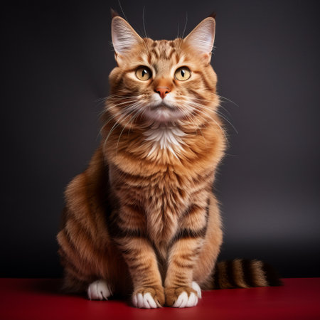 a white and brown tabby cat perches on a vibrant red table, creating a striking contrast against the black background. this national geographic-style photo showcases volumetric lighting and softbox lighting techniques, resulting in a captivating image. the dark orange and amber hues add warmth and depth to the composition. the cat's pose exudes a sense of curiosity and grace, reminiscent of dutch and flemish art.の素材