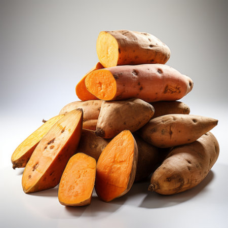 chopped sweet potatoes arranged in a realistic still life composition, featuring dramatic lighting in light gray and amber tones. the piles and stacks of sweet potatoes create clean lines and pure forms, while the softbox lighting adds depth and texture. this photograph pays homage to constructivist roots and exudes unapologetic grit. ai generatedの素材