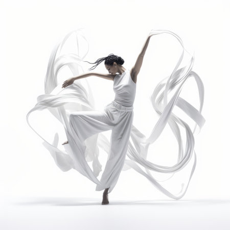 a dancer in white gracefully moves, adorned with a flowing white skirt and enveloped by a delicate white cloth. the organic and flowing forms of this asian-inspired scene create a lifelike representation. captured with fujifilm eterna vivid 500t, the dancer stands against a pristine white background, accentuating the elegance of the flowing lines. this award-winning photograph is a stunning portrayal of beauty in motion. aiの素材