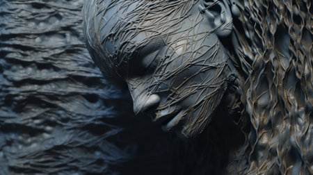 a 3d print featuring a polygon mesh with an acrylic sculpted face. this artwork showcases detailed atmospheric portraits with dark gray and blue tones. the emotional gestural strokes and close-up shots capture the tangled nests and delicate textures. the chiaroscuro portraitures add depth and intensity to the overall composition. ai generatedの素材