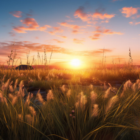 a photo of a stunning sunset over a grassy landscape, capturing the beauty of nature in a dreamlike composition. this photorealistic image showcases the charm and idyllic rural scenes reminiscent of dutch seascapes. with its ray tracing technique and nature-inspired elements, this rendering brings the beauty of sunsets to life in a captivating way. ai generatedの素材