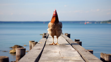 a rooster stands near the water in front of a dock, captured through a wide-angle lens in a feminist perspective. the photo, found on flickr, showcases a combination of light navy and light brown tones. the solarizing master technique adds a lively movement portrayal to the image, while clever wit shines through. ai generatedの素材