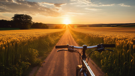 a bicycle is seen driving along a dirt road in a wheat field, capturing the essence of solarizing master techniques. the image exudes working-class empathy and is enhanced by the sunrays shining upon it. the composition is found-object-centric, radiating youthful energy. this breathtaking scene is a testament to the beauty of travel. ai generatedの素材
