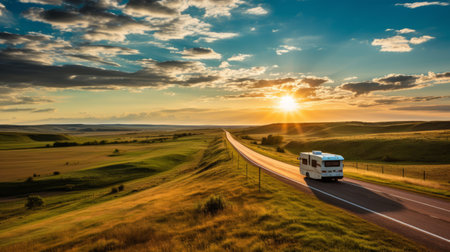 a big rv drives along a highway with a captivating sunset behind it, showcasing a contemporary landscape style. the image captures the essence of prairiecore, with sculpted and expansive landscapes. naturalistic shadows add depth to the scene, creating a mesmerizing and immersive experience. ai generatedの素材