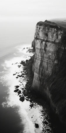 aerial view of a mist-covered cliff with white clouds in the background. this black and white photo showcases a detailed, layered composition, capturing the muted seascapes and the juxtaposition of light and shadow. the matte finish adds to the serene and zen-like atmosphere, reflecting the influence of zen buddhism. majestic ports can be seen in the distance. ai generatedの素材