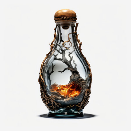 an old bottle with a tree inside, showcasing photorealistic fantasy style. the bottle appears burned and charred, with a combination of light gray and dark amber hues. the tree inside is entangled with nests, while the water within the bottle is translucent. the overall design exudes a dark and brooding atmosphere, featuring supernatural creatures. ai generatedの素材