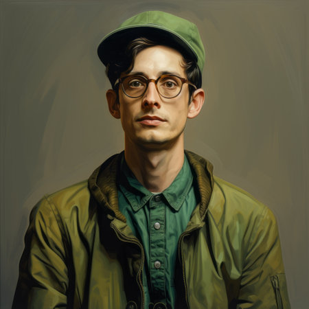 the man in the green jacket, with glasses, is depicted in a contemporary realist portraiture style. the loose, painterly technique used in this artwork draws inspiration from golden age illustrations, queer academia, and american tonalism. the hyperrealistic wildlife portraits and charming character illustrations add depth and character to this captivating piece. ai generatedの素材
