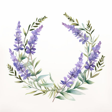 a lavender hand-painted wreath with branches and leaves, featuring a beautiful purple floral watercolor design. this wreath is created in the style of realistic usage of light and color, with a strong emphasis on negative space. inspired by the works of cicely mary barker, it is a luxurious wall hanging with a symmetrical and minimalistic composition, showcasing realistic color schemes. ai generatedの素材