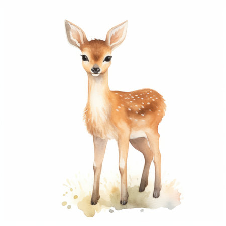 a small watercolor fawn stands behind its mother in this charming character illustration. the artwork showcases a realistic impression with delicate realism, reminiscent of editorial illustrations. ai generatedの素材