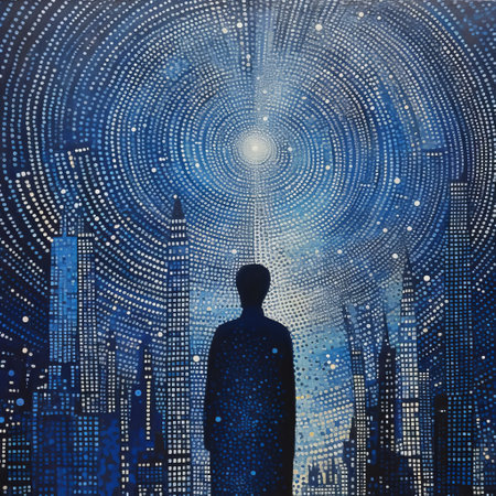 a mesmerizing acrylic painting on canvas captures a person gazing upon a city, blending cosmic symbolism and luminous pointillism. silhouette figures and technological symmetry add depth to the artwork, reminiscent of the style of cassius marcellus coolidge. the dominant blue and black hues create a stunning display, evoking a sense of the ages in this spectacular piece. ai generatedの素材