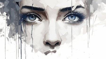 a portrait of a woman's face with blue eyes and a smile, showcasing a paint dripping technique. the gothic illustration style adds a touch of mystery and depth. the frontal perspective captures the viewer's attention, while the torn and distressed edges give it a unique and edgy look. the realistic attention to detail brings the face to life, creating an elegant and emotive piece. inspiredの素材