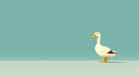 an animated duck is placed on a minimalist white wooden background, contrasting with the vibrant green grass. the flattened perspective adds depth to the light navy and light amber colors of the illustration. this clean and streamlined image with elongated proportions can be found on flickr. ai generatedの素材