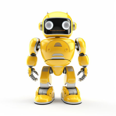 golden robot standing on a white background, designed in a dark yellow and light silver color scheme. this electronic media artwork by kestutis kasparavicius showcases the use of bright colors, reminiscent of amedee ozenfant's style. the robot's design is inspired by the vintage camera argus c3, giving it a unique and nostalgic touch. a captivating piece that combines elements of technology and art in aの素材
