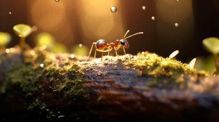 an ant struggling to stay afloat in water, captured in a mesmerizing photograph with lens flare effects. the photorealistic landscape showcases a blend of light gold and dark crimson hues, creating a captivating visual. the eco-friendly craftsmanship is evident in the low-angle shot, highlighting the charming character of the ant and the enchanting lighting surrounding it. ai generatedの素材