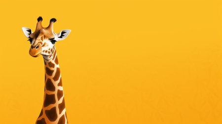 a giraffe stands gracefully against a vibrant yellow backdrop, reminiscent of minimalist backgrounds often seen in advertising art. the photo, captured in high-contrast shading, showcases the giraffe's elegance and the digitally enhanced details. with a touch of flickr and orange hues, this 32k uhd image is a stunning visual masterpiece. ai generatedの素材