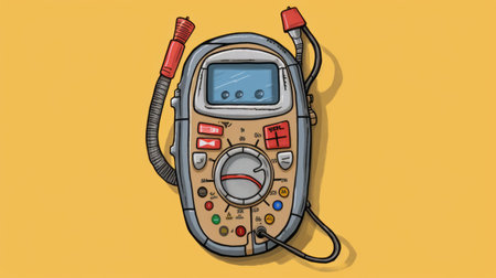 an electric instrument with wires and electronics is depicted in this editorial cartoon-style image. the warm color palette, consisting of dark yellow and red tones, adds to the overall aesthetic. the instrument has a rounded shape and features hand-drawn, cartoonish character design. ai generatedの素材