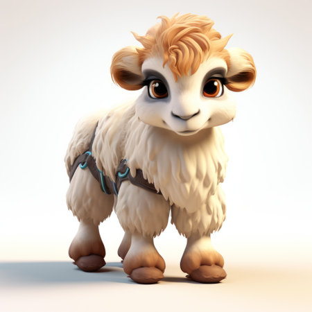 a cute 3d render of a sheep, with a cartoonish innocence. this detailed character design showcases light white and amber colors, created using zbrush. the sheep's facial features are intricately crafted, with sharp brushwork adding depth. the toy-like proportions add to its adorable appeal. ai generatedの素材