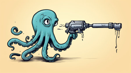 an octopus, in a cute cartoonish design, is seen wielding a gun against a yellow background. the image, with its dark gray and aquamarine tones, resembles detailed science fiction illustrations. the forced perspective drawing, captured with a long lens, adds depth to the composition. this unique artwork can be found on flickr. ai generatedの素材