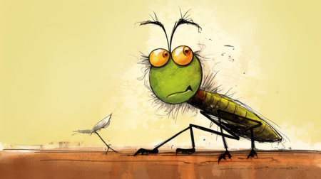 a painting featuring a little bug with a black flower is depicted in this artwork. the style of the painting is reminiscent of animated expressions, concept art, and flattened perspective. the bug and flower are portrayed in a life-like manner, with light brown and green hues. the overall composition has a quirky caricature-like quality, similar to illustrations found in national geographic photos. ai generatedの素材