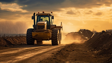 a yellow tractor is seen on a dirt road near sunset, showcasing the style of engineering construction and design. the image captures the essence of auto body works with its dark navy and light bronze tones. the polished concrete surroundings and misty atmosphere add depth to the scene. bold and vibrant colors depict the labor-intensive nature of the work. ai generatedの素材