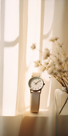 a minimalistic japanese-style watch sits on an organza table next to a window. the black and beige color scheme creates a whimsical ambiance, while the sparse and simple composition adds a subtle touch. this minimalist still life, with its folk-inspired elements, showcases a lot of detail in the objects. captured by an interior design photographer using a canon eos r5, the photo has a veryの素材