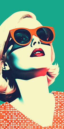 a minimalist portrait of a 1960s starlet sunbathing, featuring a light faded orthonormal coordinate system of 8-bit dots and colors. the background showcases a vanished light lithography effect, with light halftone dots adding depth. the overall aesthetic is reminiscent of fauvism, with an ever-moving anaglyphic kaleidoscopic touch, creating a minimal psychedelic art piece. ai generatedの素材