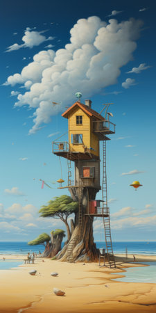 an oil painting of a gravity-defying treehouse on the beach, featuring detailed character illustrations. the artwork showcases a unique blend of dark yellow and sky-blue hues, creating a visually striking composition. with a resolution of 3840x2160, this quirky realism piece captivates viewers with its richly colored skies and optical illusion elements. ai generatedの素材