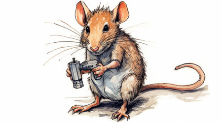 a sketch of a mouse holding a gun, created in the style of kodak elite chrome extra color. this artwork features youthful protagonists and realistic watercolors, with a contax yashica mount. the mouse is surrounded by fantastical contraptions, resulting in energy-filled illustrations. the rtx keyword adds a touch of modern technology to the scene. ai generatedの素材