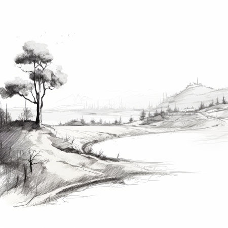 sketches of landscapes by peter h c, featuring pencil and sketchart techniques. these zentangle-inspired sketches showcase a light gray and beige color palette. with a digital painting and ink-wash style, these concept art pieces exude a painterly and minimalistic serenity. enjoy the high-quality photos of these stunning landscape sketches. ai generatedの素材