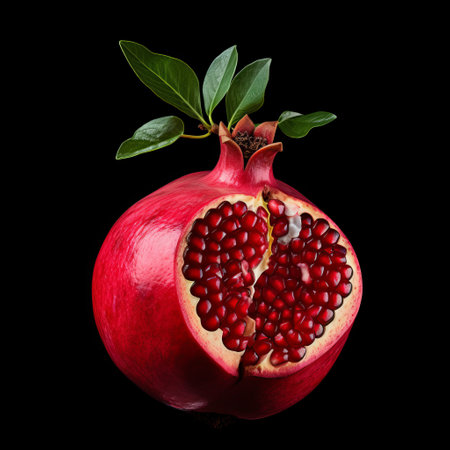 a half-cut pomegranate is showcased against a black background in this photo. the composition follows a photo-realistic style, reminiscent of detailed botanical illustrations. the image features symbolic props, goosepunk elements, bold colors, and marks, with minimal retouching. the result is a high-definition image that captures the intricate beauty of the pomegranate. ai generatedの素材