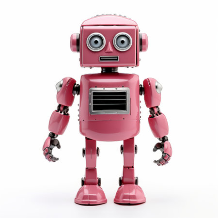 a cartoon pink robot from playmobil, rendered in a realistic and detailed style, showcases a humorous tone. with a chrome-plated exterior, this robot designed by jean-baptiste monge combines enigmatic automatism with elements of oshare kei fashion. the strong facial expression adds to its captivating charm. ai generatedの素材