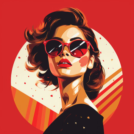 betty avatar, a graphic illustration showcasing abstract memphis and minimalism. the medium brown-haired girl wearing wraparound sunglasses stands out against a vibrant gold background. the clean red background adds a trendy touch to this 3:4 aspect ratio artwork. ai generatedの素材
